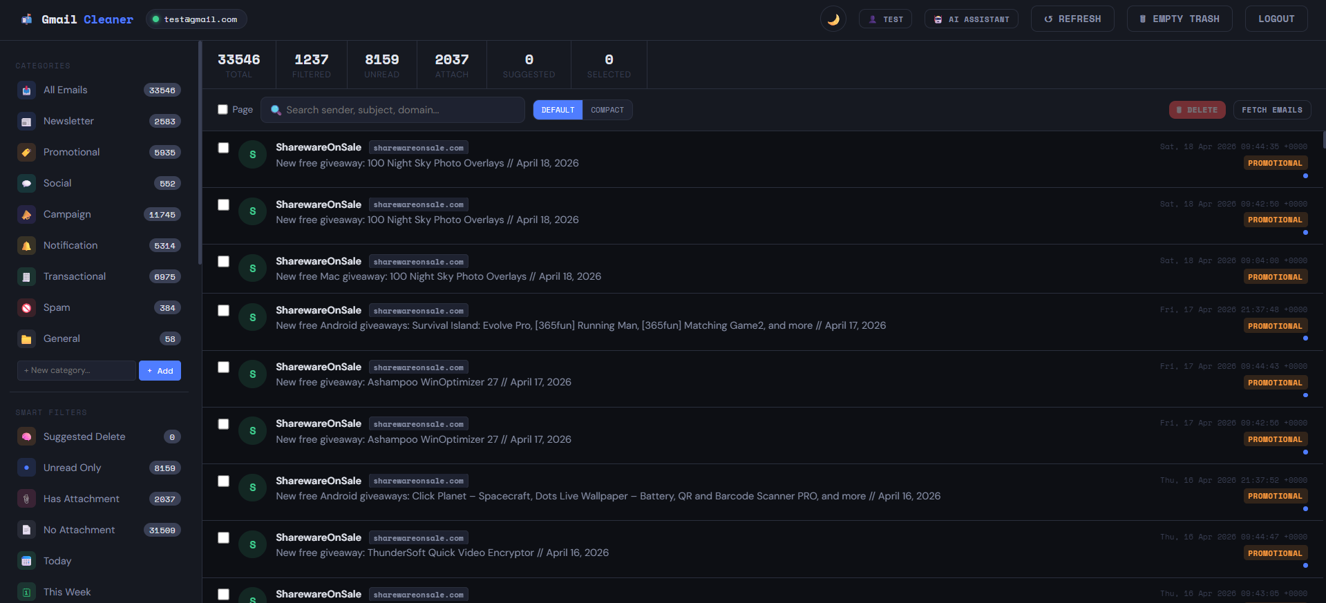 GmailCleaner landing page in dark theme