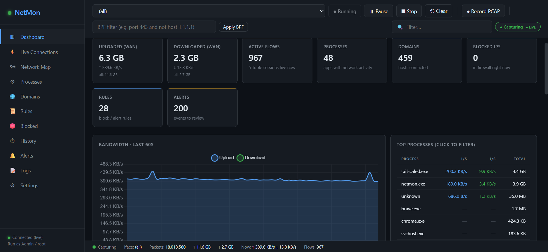 netmon dashboard — live bandwidth, active flows, top processes and alerts